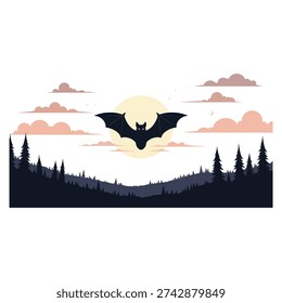 A black bat in flight over silhouetted trees against a sunset background
