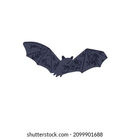 Black bat fly. Spooky and cute vampire animal flying with wings spread. Creepy scary Halloween character in flight. Flat vector illustration of night monster isolated on white background