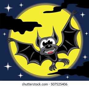 Black bat in front of yellow moon and night sky with black clouds and stars