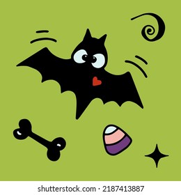 Black bat with heart, bone, sweets, halloween doodle clipart vector