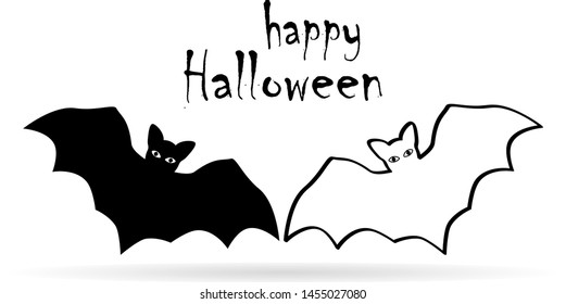 Black bat icon with  text happy halloween. Silhouettes. Stencil, Halloween symbol. Flying bat cartoon vampire vector.