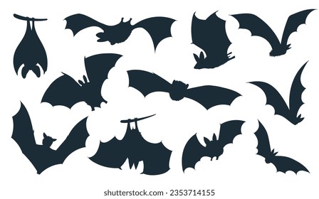 Black bat icons or outline symbols set of vector illustrations isolated on white background. Bats animal silhouettes in various motions for Halloween designs.