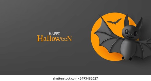 Black bat, moon, against the background of dark night, 3D. Funny scary bat character flying in the air for Halloween day celebration concepts. Vector