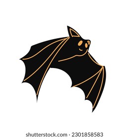 A black bat with outstretched wings on a white background. Vector illustration. halloween and mystic forest series.