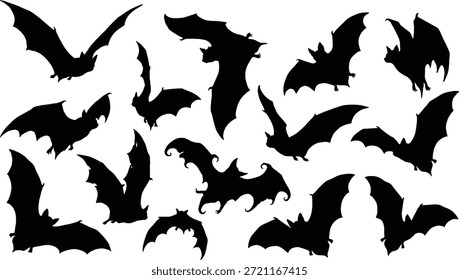 Colección de Vector de silueta de murciélago negro con posiciones de vuelo, Formas de alas, tema de Halloween, conjunto de ilustración gráfica de animales nocturnos