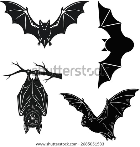 Black bat silhouettes are displayed in various poses against a stark white background creating a spooky and eerie atmosphere perfect for halloween themed designs and projects evoking a sense of myste