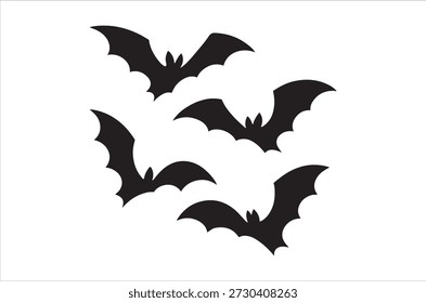 Siluetas de murciélago negro en vuelo, creando un gráfico temático de Halloween espeluznante y minimalista.