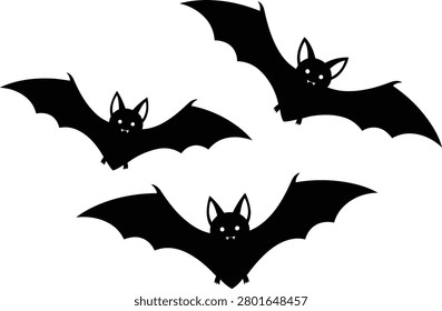 Black bat silhouettes in flight, ideal for spooky Halloween graphics, party decorations, or gothic-themed design projects. Vector format.
