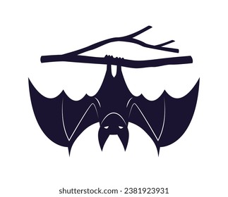 Black bat sticker. Animal with wings at branch. Symbol of Halloween. Holiday of fear and horror. Graphic element for website. Cartoon flat vector illustration isolated on white background