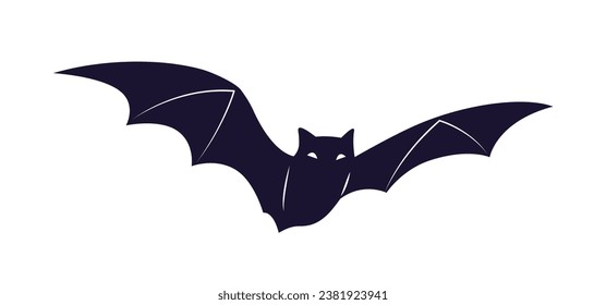 Black bat sticker. Animal with wings. Symbol of Halloween. Holiday of fear and horror. Creepy and spooky character. Poster or banner. Cartoon flat vector illustration isolated on white background