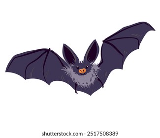 Black bat vector illustration. Witch familiar, totem magical animal. Symbol of horror and fear. Cartoon bat for Halloween.