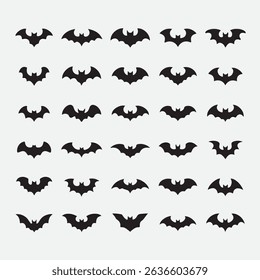 Black bat vector illustrations with wide wingspan arranged neatly on clean background
