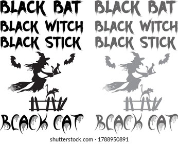 Black bat black witch black stick black cat -Halloween T-Shirt Design. Halloween Vector Graphic. Halloween T-Shirt illustration. Horns head devil t-shirt design. Beautiful Halloween vector