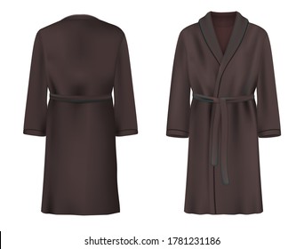 Black bathrobe mockup set, vector illustration isolated on white background. Realistic soft terry bathrobe or dressing gown for spa and bathroom, front and back view.