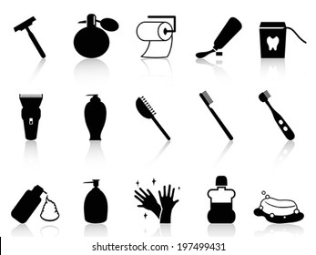 Black bathroom accessories icon set