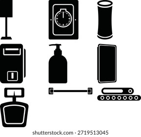Accesorios de baño y hogar negro Conjunto de iconos sólidos aislados sobre fondo blanco
