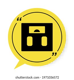 Black Bathroom scales icon isolated on white background. Weight measure Equipment. Weight Scale fitness sport concept. Yellow speech bubble symbol. Vector