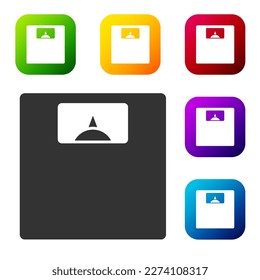 Black Bathroom scales icon isolated on white background. Weight measure Equipment. Weight Scale fitness sport concept. Set icons in color square buttons. Vector
