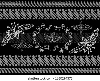 Black Batik Indonesia. Javanese Gray Batik Pattern. Horizontal Batik Pattern.