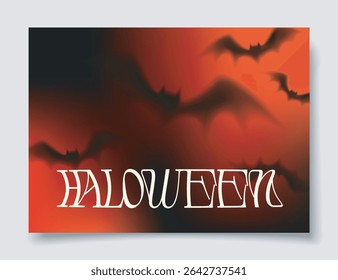 Black bats flying across a red and black gradient background with the word HALOWEEN in stylized white font in spooky theme. Vector illustration