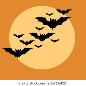 Black bats flying against a large orange moon during a night sky filled with autumn ambiance, halloween background