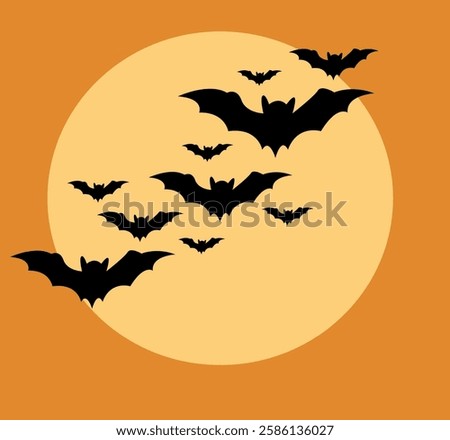 Black bats flying against a large orange moon during a night sky filled with autumn ambiance, halloween background