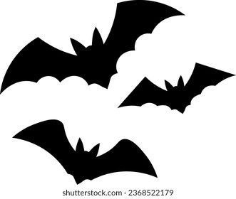 Black bats flying icon set. Halloween bats silhouettes. Horror, spooky design. Simple drawing. Autumn, october. Isolated on white background. Vector illustration.
