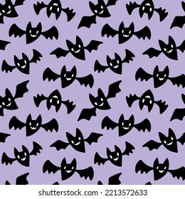 Black bats flying on a light purple background. Halloween seamless pattern with cute smiling bats with vampire teeth scattered on a pastel violet background.