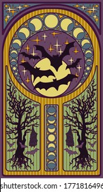 Black bats and full moon, art nouveau style card, vector illustration