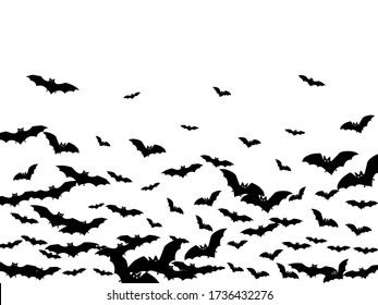 black bats group isolated on white vector Halloween background. Flittermouse night creatures illustration. Silhouettes of flying bats vampire Halloween symbols on white.