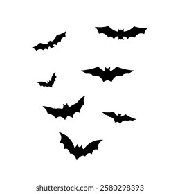 Black bats group isolated on white vector Halloween background. Night creatures illustration. Silhouettes of flying bats.