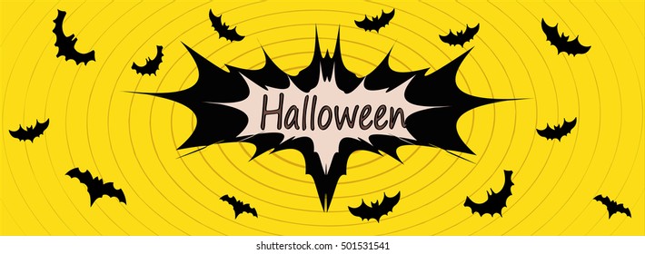  black bats on yellow background. halloween vector cartoon comic strip art.
