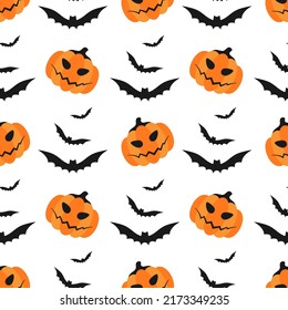 Bates negros y calabazas naranjas sobre fondo blanco. Patrón sin fisuras de Halloween. Mejor para textil, impresión, papel envolvente, paquete y decoración festiva.