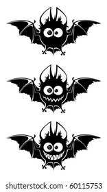 Black bats- round heads, big eyes, white teeth and wide wings. Black and white contours. Three simple objects on white background.