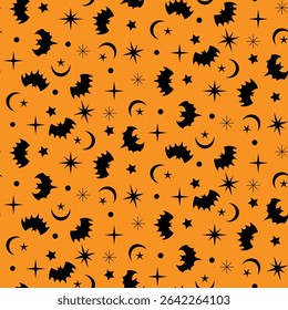 Black Bats seamless pattern with crescent moon and retro stars on orange background. For Halloween print, fabric and textile 