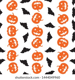 black bats silhouettes and orange scary pumpkin faces seamless pattern on white background. abstract vector mosaic for halloween holiday banners, posters, invitations. eps 10
