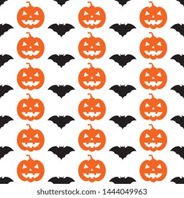 black bats silhouettes and orange scary pumpkin faces seamless pattern on white background. abstract vector mosaic for halloween holiday banners, posters, invitations. eps 10