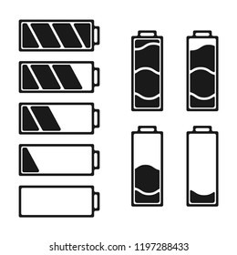 Black batteri set icon. Batteries with different degree of energy. Vector.