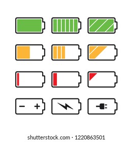 Black battery charge indicator icons in gauge level status, simple shape power source running charging flat design infographics vector, app web button ui interface element isolated on white background