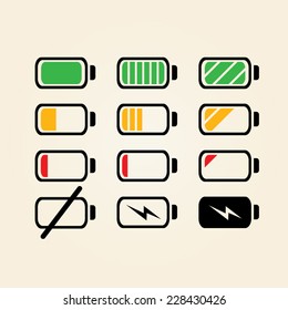 Black battery charge indicator icons in gauge level status, simple shape power source running charging flat design infographics vector, app web button ui interface element isolated on white background