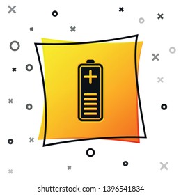Black Battery charge level indicator icon isolated on white background. Yellow square button. Vector Illustration