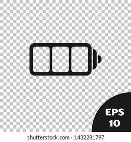 Black Battery charge level indicator icon isolated on transparent background.  Vector Illustration