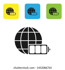 Black Battery charge level indicator with earth globe icon isolated on white background. World or Earth sign. Set icons colorful square buttons. Vector Illustration