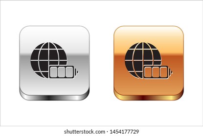 Black Battery charge level indicator with earth globe icon isolated on white background. World or Earth sign. Silver-gold square button. Vector Illustration