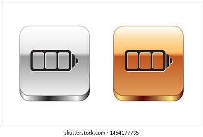 Black Battery charge level indicator icon isolated on white background. Silver-gold square button. Vector Illustration