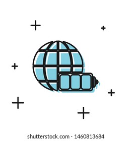 Black Battery charge level indicator with earth globe icon isolated on white background. World or Earth sign.  Vector Illustration