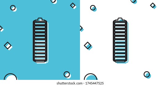 Icono indicador del nivel de carga de la batería negra aislado en fondo azul y blanco. Carga de la batería - señal de alimentación. Símbolo de electricidad - signo de energía. Formas dinámicas aleatorias. Ilustración vectorial