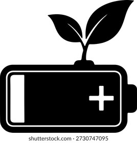 Un icono de batería negro con una hoja verde que crece en él, sobre un fondo blanco puro, que representa soluciones de energía sostenibles y respetuosas con el medio ambiente en un diseño simple.