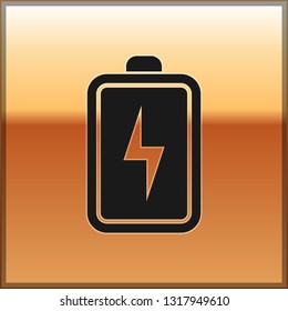 Black Battery icon isolated on gold background. Lightning bolt symbol. Vector Illustration