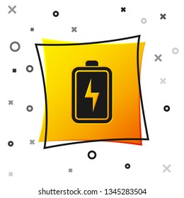 Black Battery icon isolated on white background. Lightning bolt symbol. Yellow square button. Vector Illustration